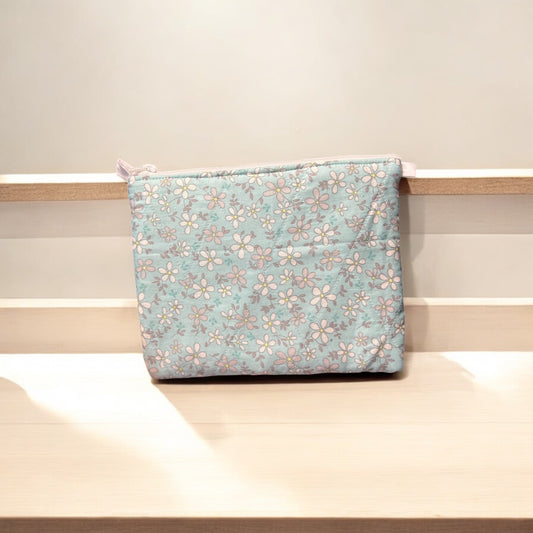 Blue Daisy Quilted Pouch – Medium