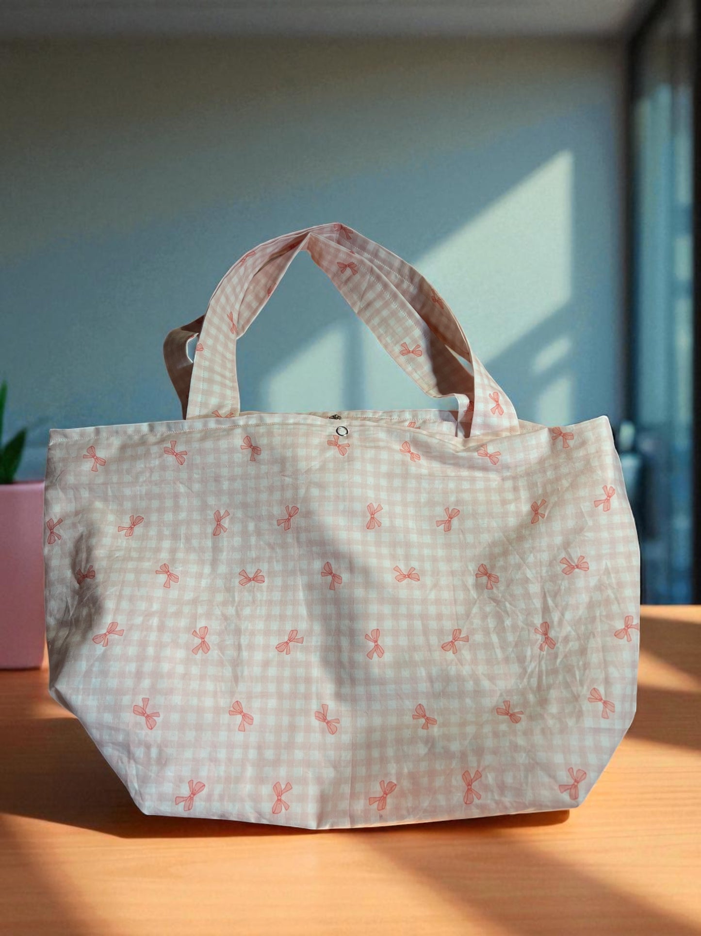 Sweet Pink Gingham Bow Tote Bag